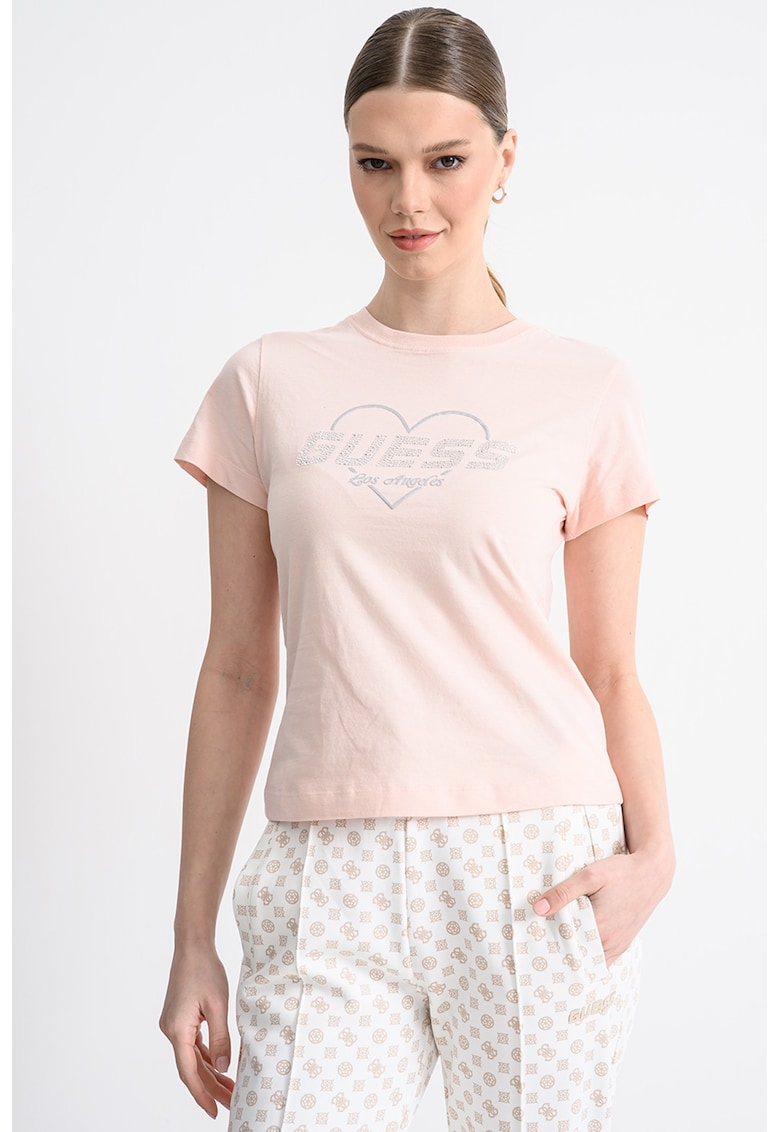 Tricou regular-fit cu logo decorativ - Roz/Argintiu