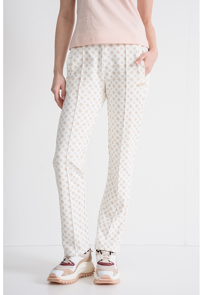 Pantaloni de trening cu croiala regular-fit si model logo - Alb fildes/Bej