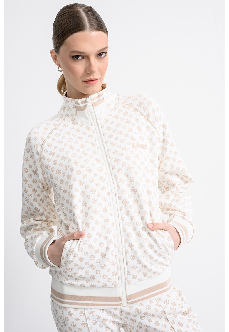 Bluza de trening cu fermoar - guler mediu si monograma - Alb fildes/Bej