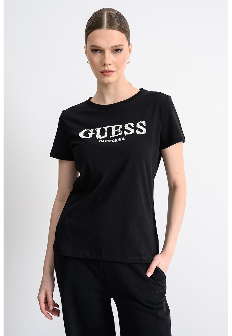 Tricou cu decolteu la baza gatului si logo - Alb fildes/Negru