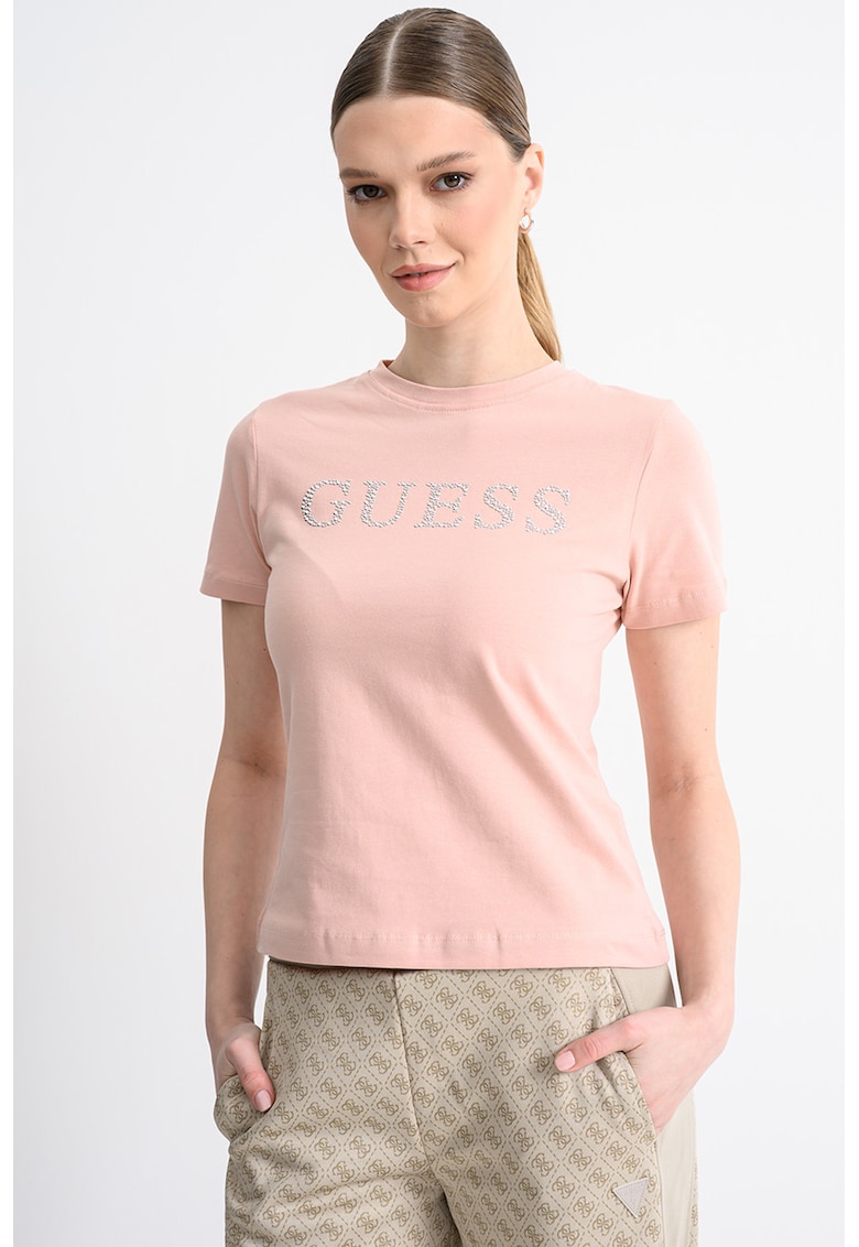 Tricou cu decolteu la baza gatului si logo - Roz prafuit/Argintiu