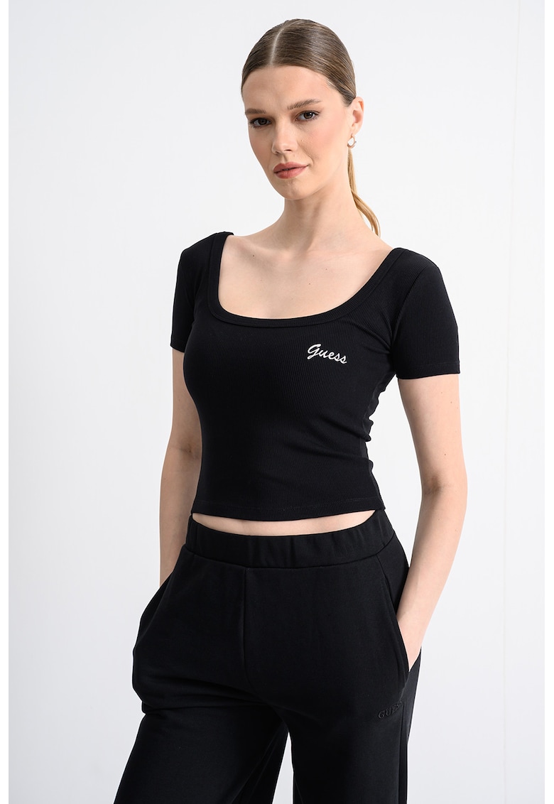 Top crop cu logo - Negru