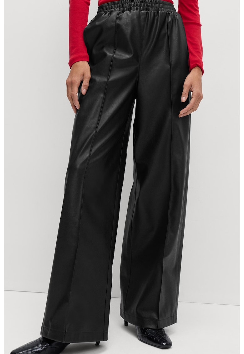 Pantaloni din piele ecologica cu croiala ampla si talie elastica - Negru