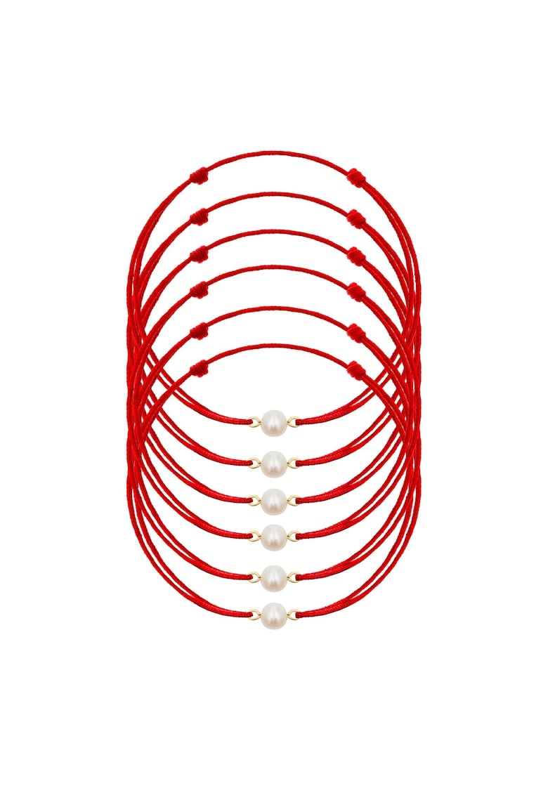 Set 6 bratari snur rosu - perla mother of pearl - argint