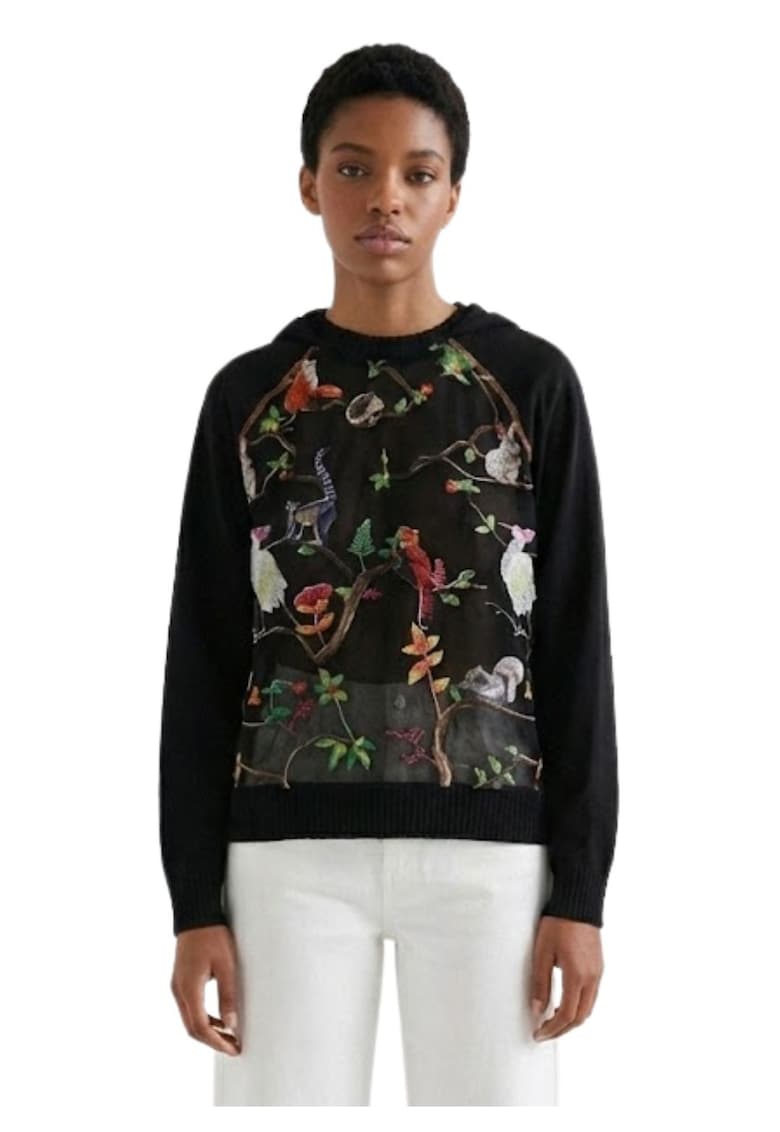 Hanorac cu broderie si panel semi-transparent Fauna - Negru