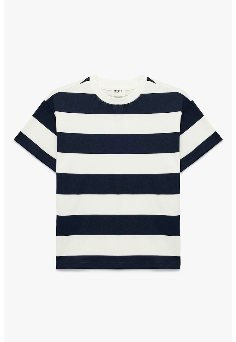 Tricou din bumbac cu dungi - Alb fildes/Albastru ultramarin