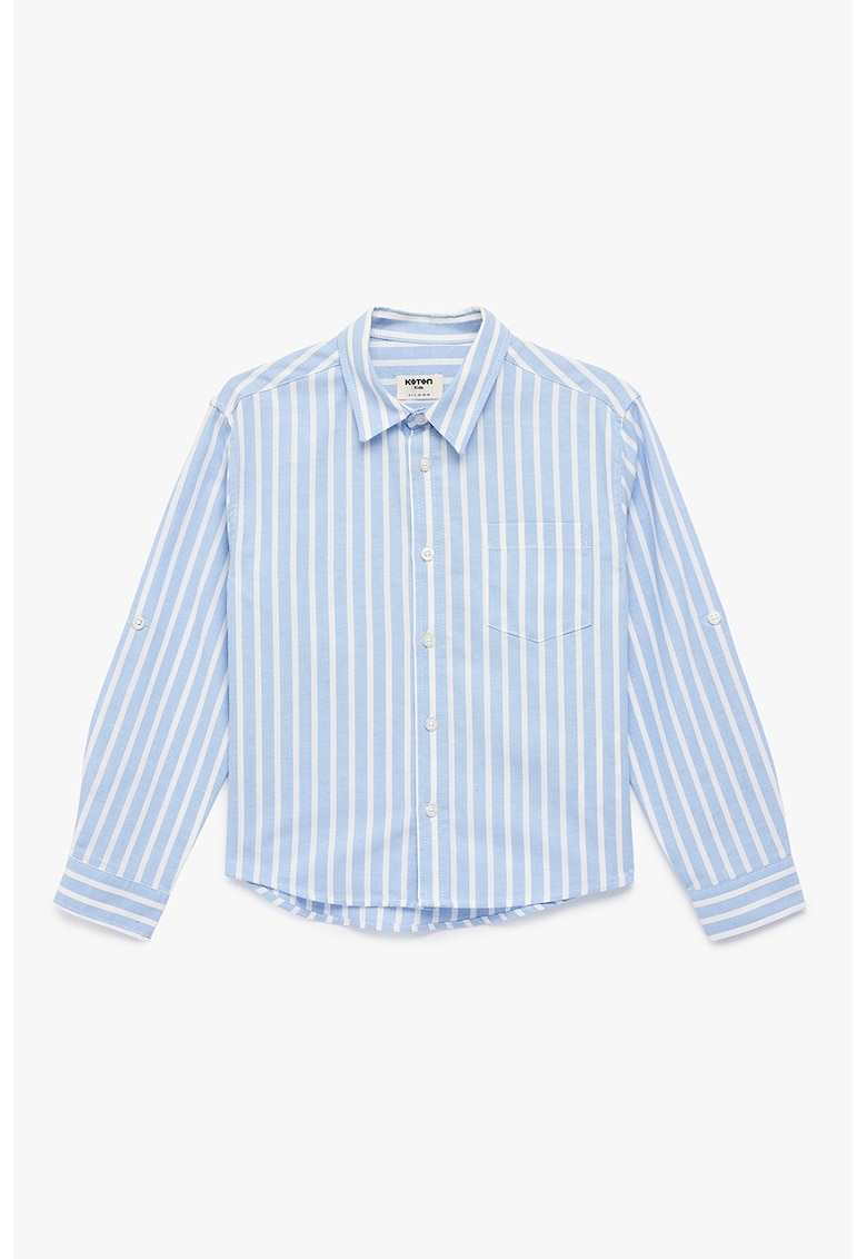 Camasa din bumbac cu buzunar pe piept si dungi - Alb/Albastru azur