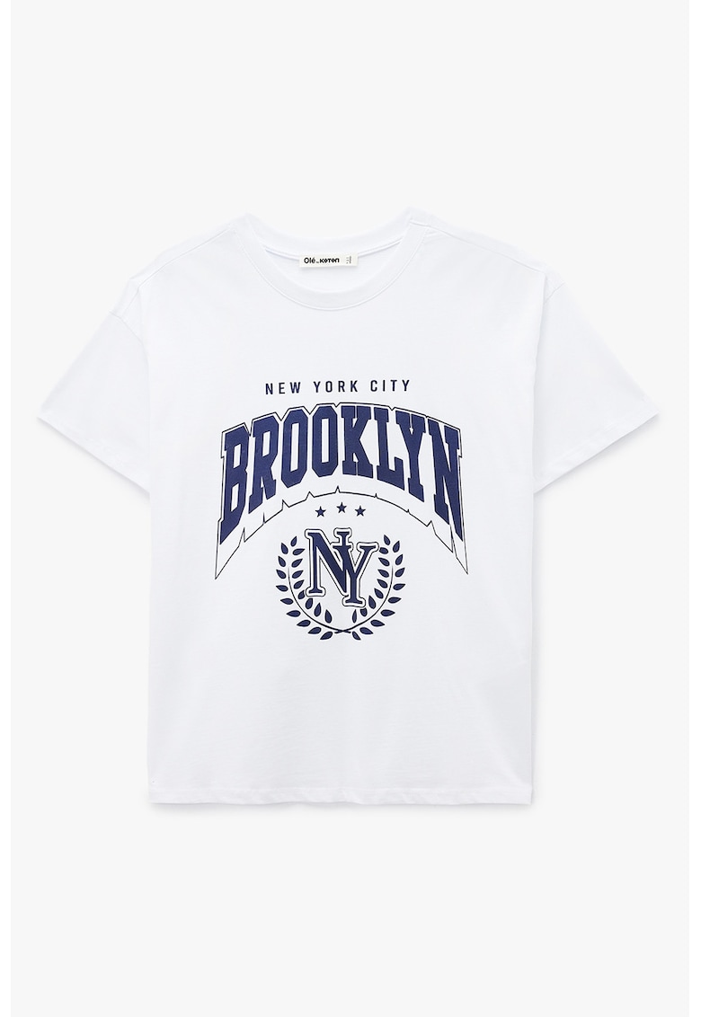 Tricou din bumbac cu imprimeu text pe partea din fata - Alb/Bleumarin