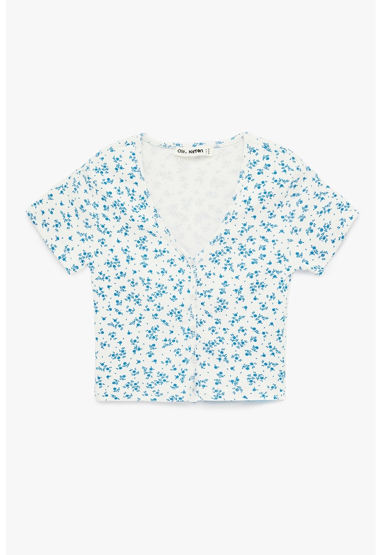 Tricou crop cu decolteu in V - Alb optic/Albastru