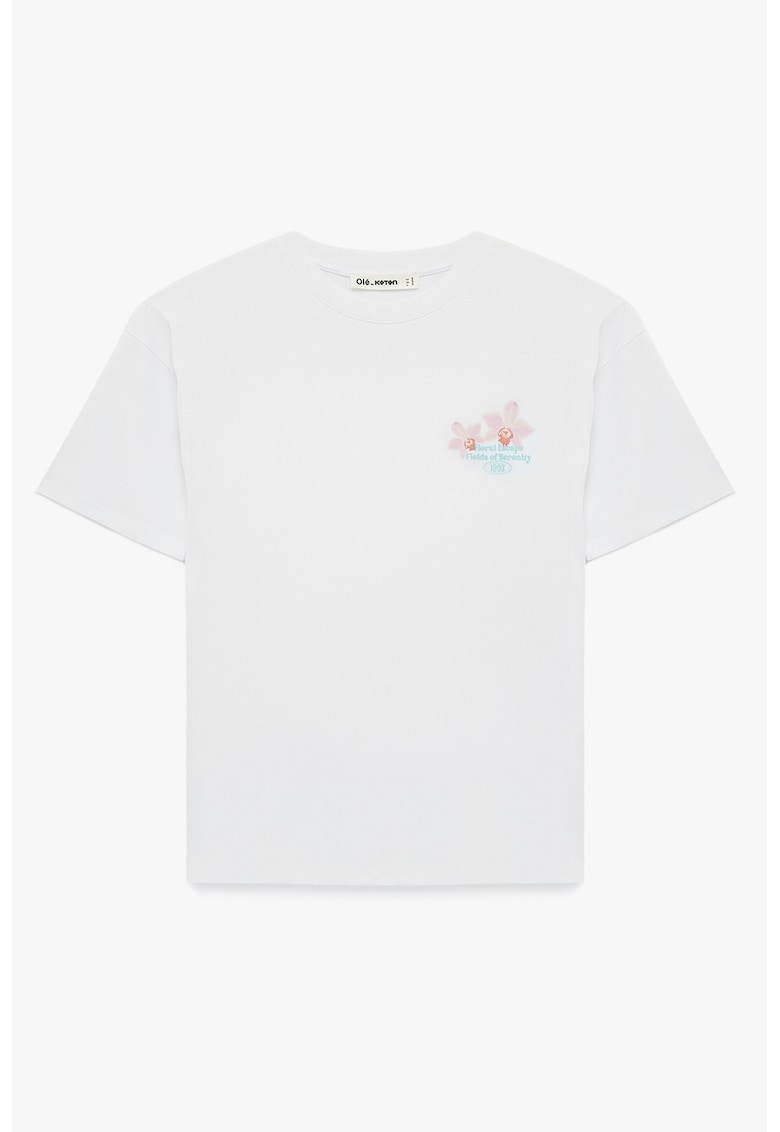 Tricou din bumbac cu imprimeu floral si model text pe partea din spate - Alb/Turcoaz/Roz pastel