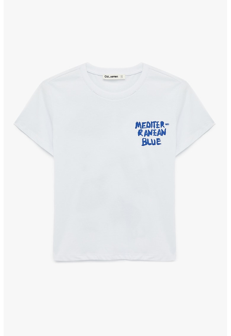 Tricou cu decolteu la baza gatului si imprimeu - Alb optic/Albastru