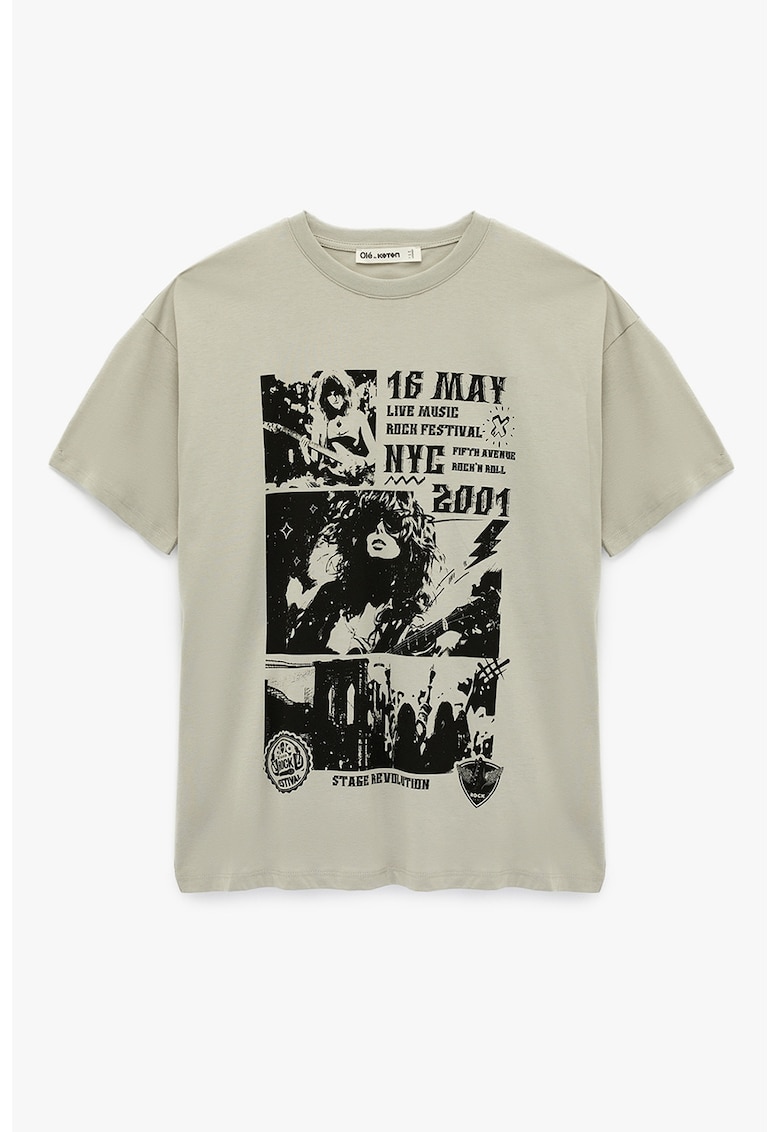 Tricou cu decolteu la baza gatului si model - Negru/Grej