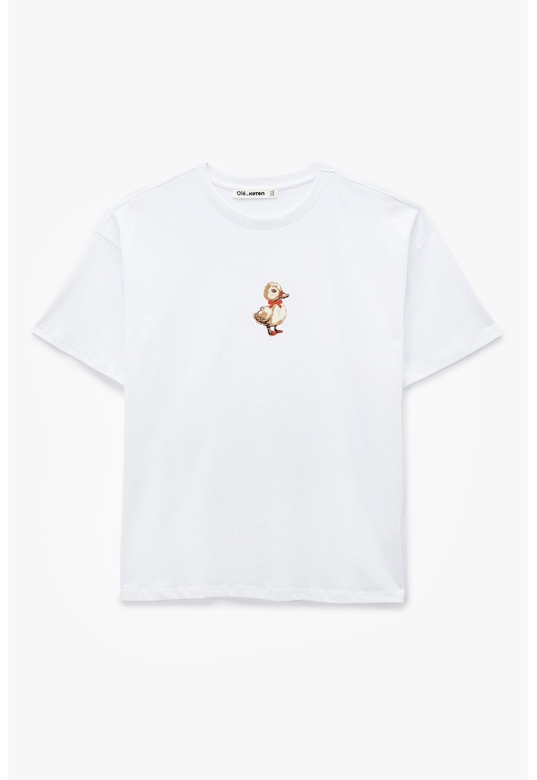 Tricou din bumbac cu detaliu brodat discret - Maro/Alb optic