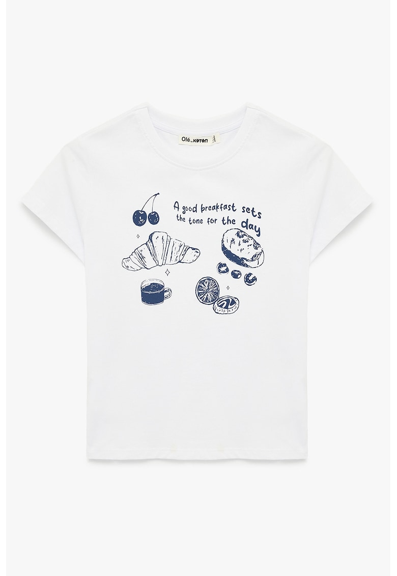 Tricou din bumbac cu decolteu la baza gatului si model - Alb/Albastru inchis