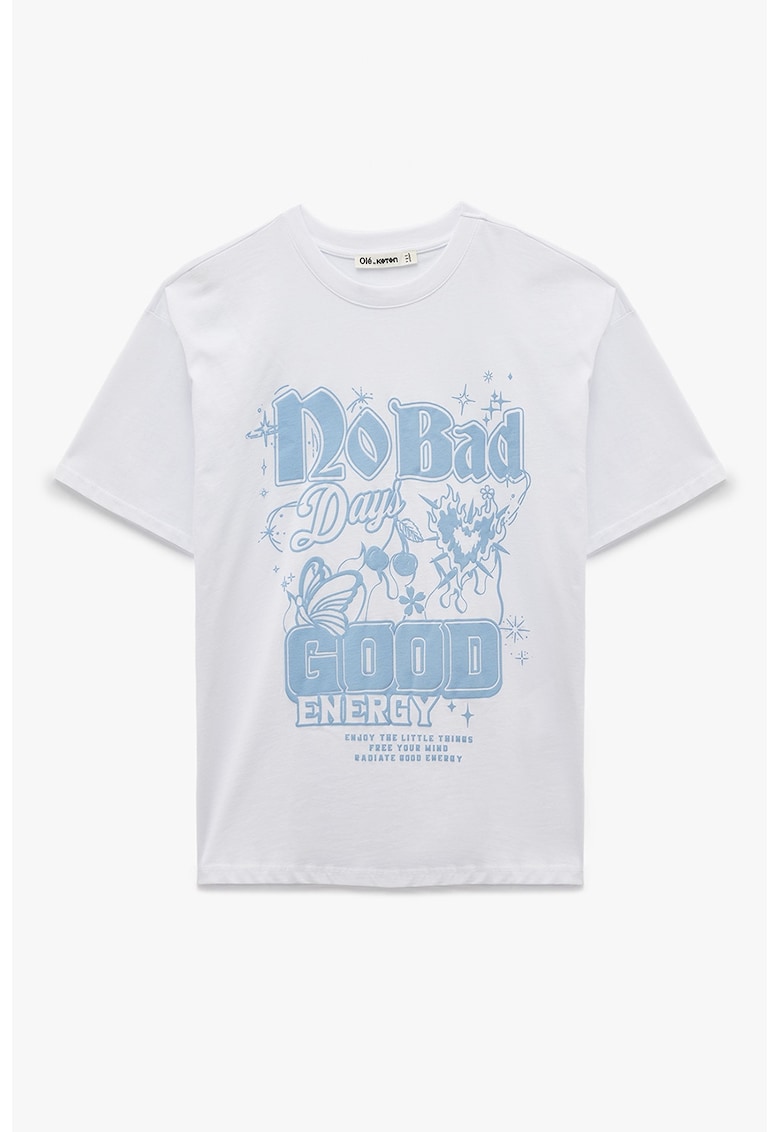 Tricou din bumbac cu imprimeu grafic si model text - Alb/Albastru deschis