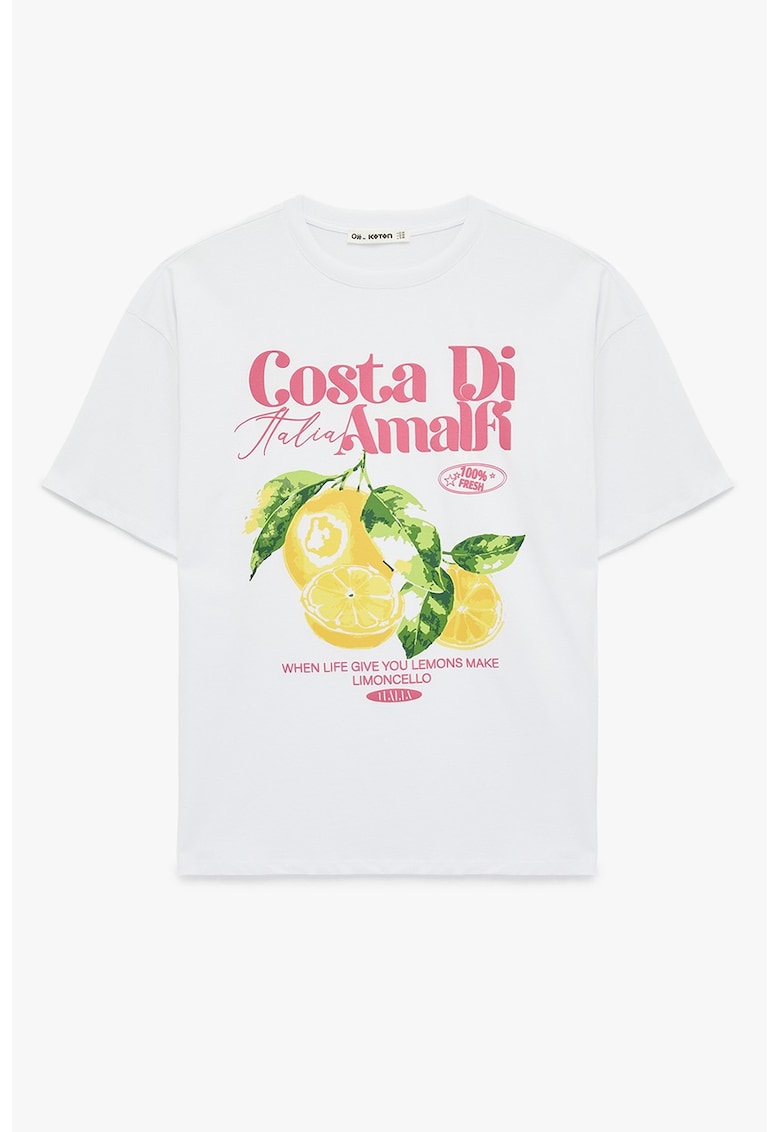 Tricou din bumbac cu decolteu la baza gatului si imprimeu - Galben/Alb optic/Roz