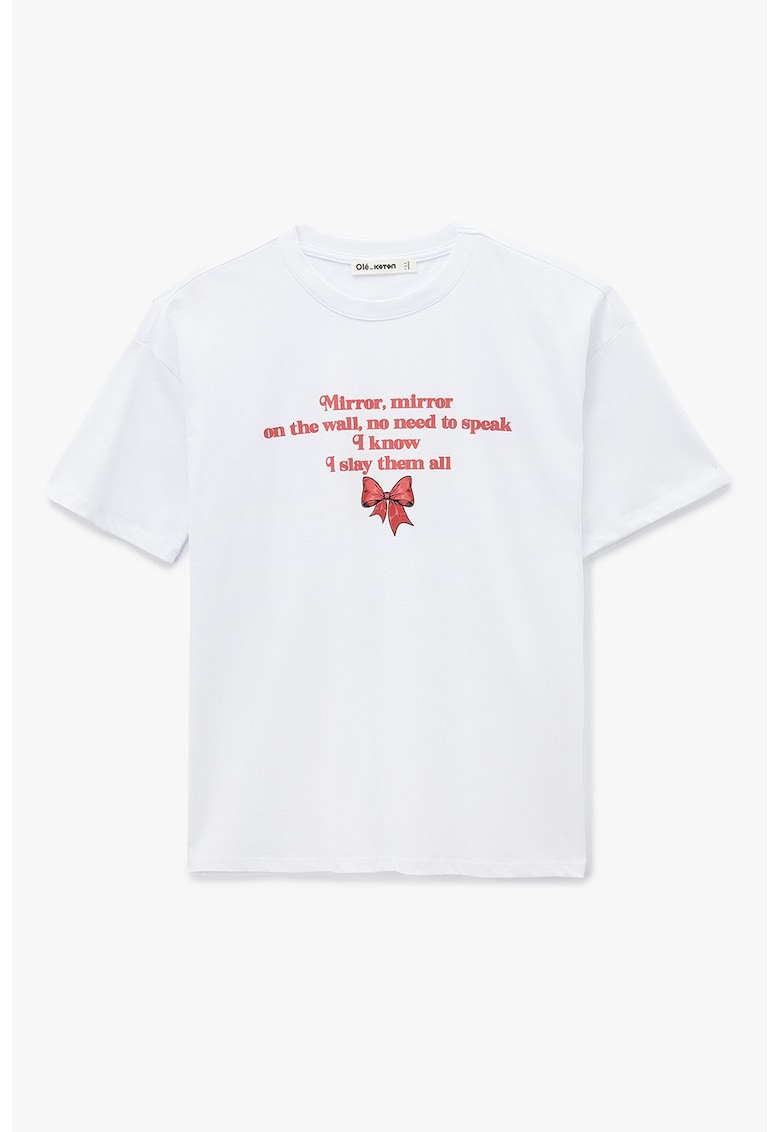 Tricou din bumbac cu imprimeu text - Alb optic/Rosu deschis