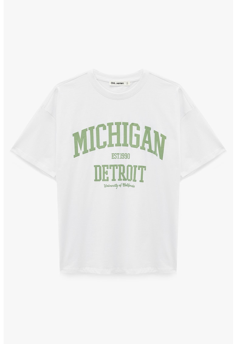 Tricou cu decolteu la baza gatului si imprimeu text - Alb optic/Verde sparanghel