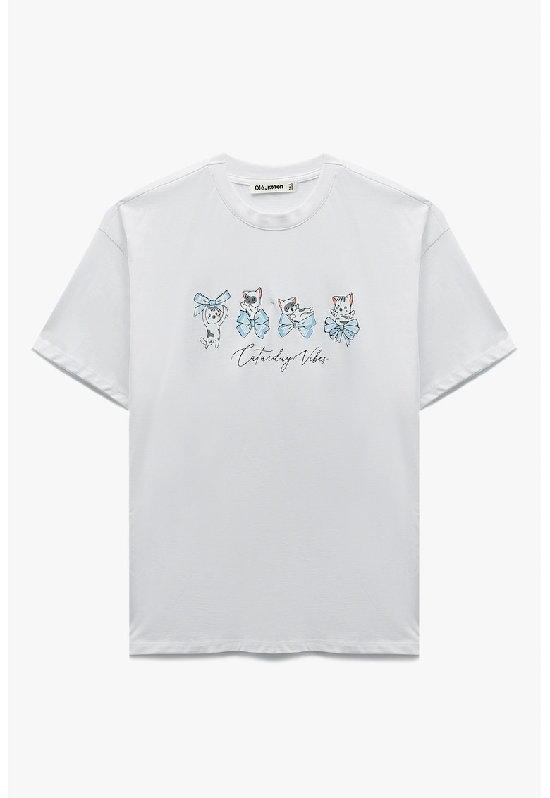 Tricou din bumbac cu decolteu la baza gatului - Alb/Gri/Albastru deschis