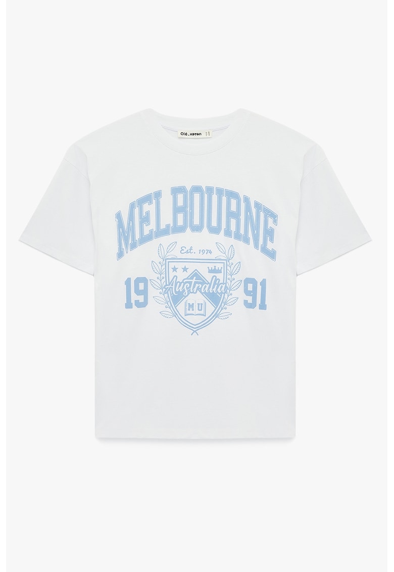 Tricou din bumbac cu imprimeu College - Albastru azur/Alb optic