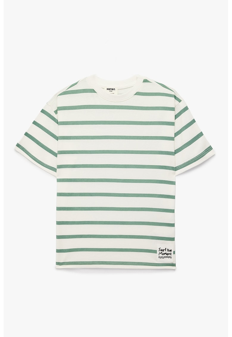 Tricou din bumbac cu dungi - Alb fildes/Verde feriga