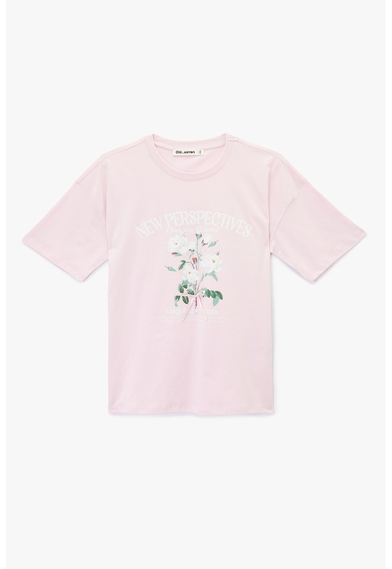 Tricou lejer cu model floral - Verde/Roz deschis/Alb optic