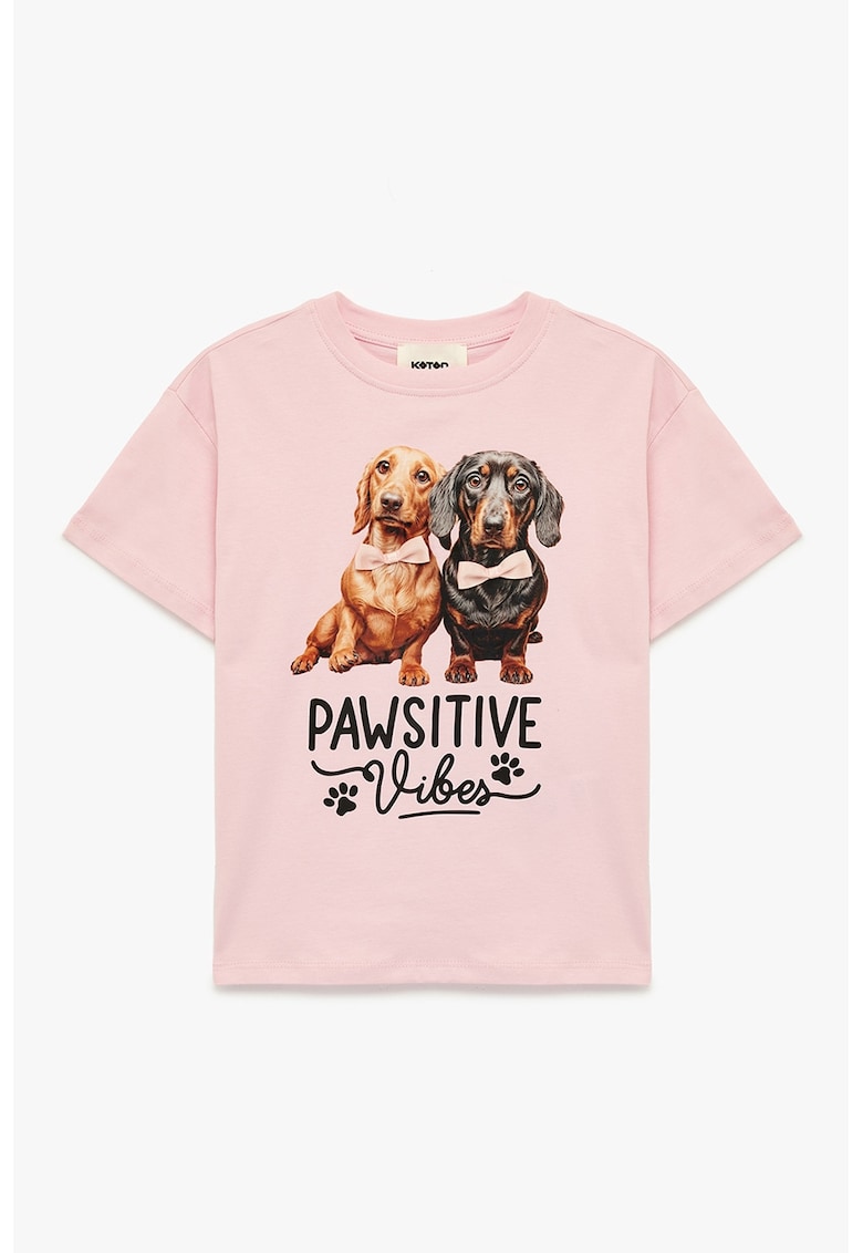 Tricou din bumbac cu imprimeu caine - Negru/Maro scortisoara/Roz pastel