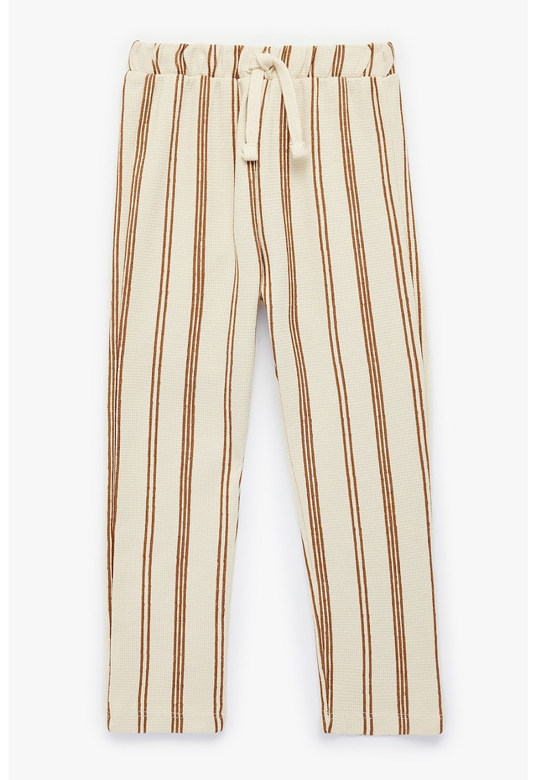 Pantaloni din bumbac cu talie elastica si dungi - Bej/Portocaliu inchis