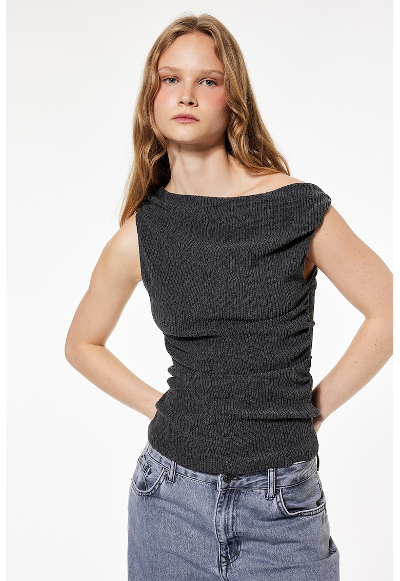 Bluza drapata cu decolteu pe un umar - Gri antracit