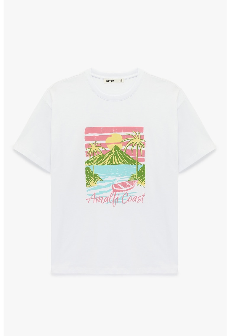 Tricou din bumbac cu decolteu la baza gatului - Alb/Turcoaz/Roz