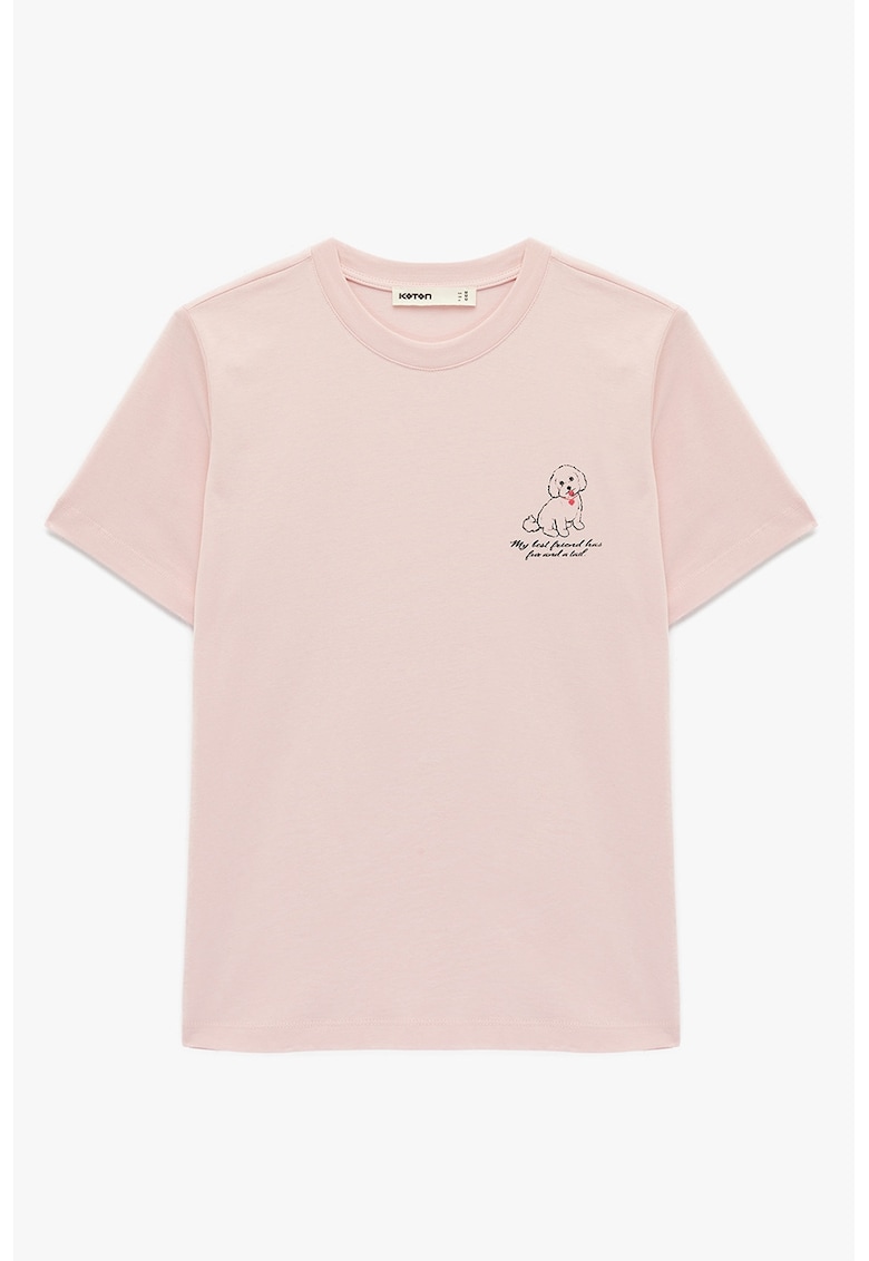 Tricou cu decolteu la baza gatului si design text - Negru/Roz deschis