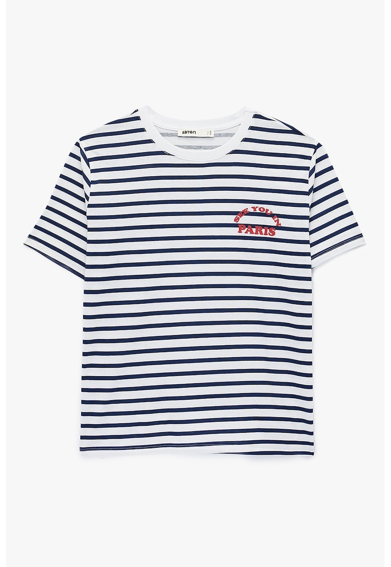 Tricou cu decolteu la baza gatului si dungi - Alb optic/Bleumarin