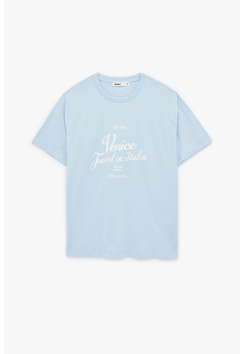 Tricou cu decolteu rotund si imprimeu - Albastru glaciar