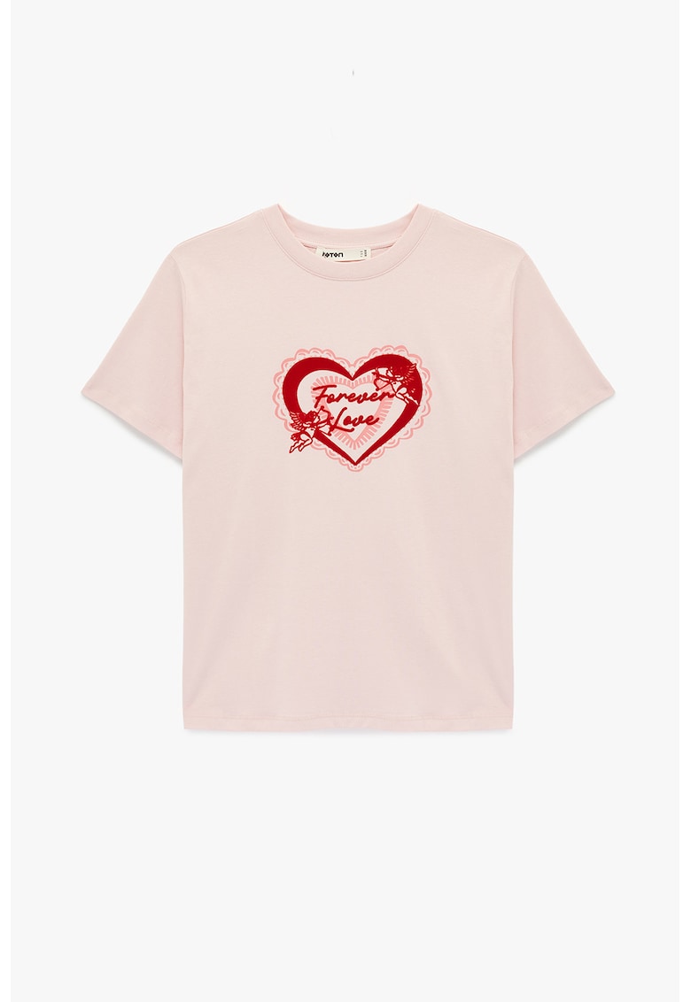 Tricou cu decolteu la baza gatului cu inima texturata - Rosu/Roz deschis