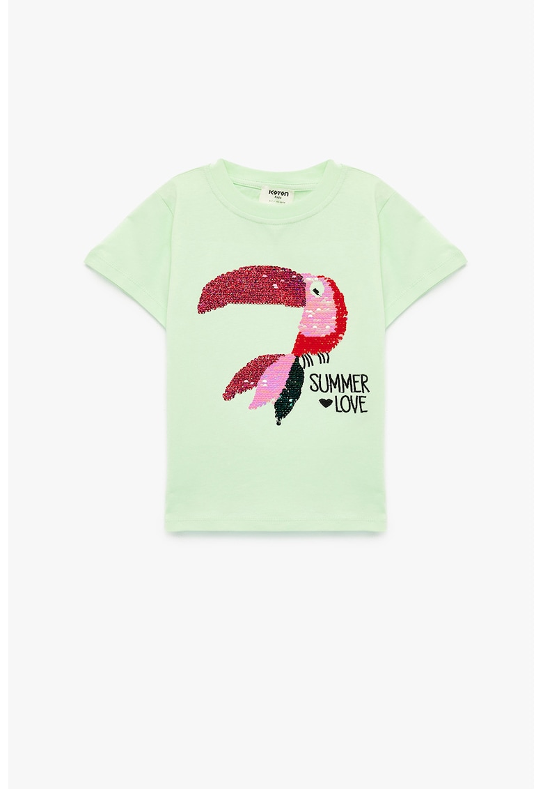 Tricou de bumbac cu model toucan cu paiete - Roz deschis/Verde pal