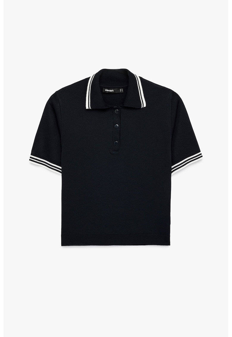 Pulover crop polo cu terminatii contrastante - Albastru inchis