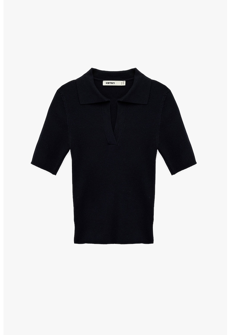 Pulover slim fit tricotat cu maneci medii - Albastru inchis