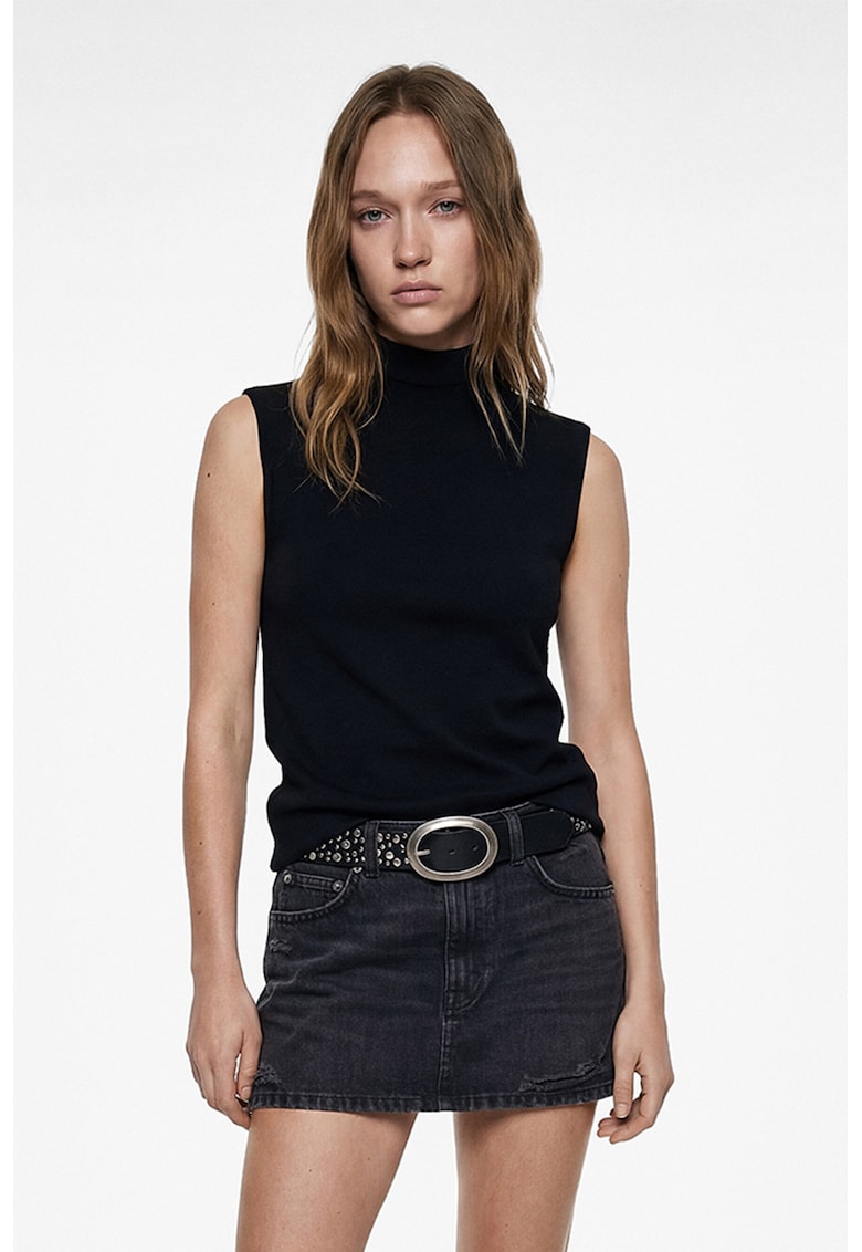 Top din amestec de bumbac cu model uni - Negru