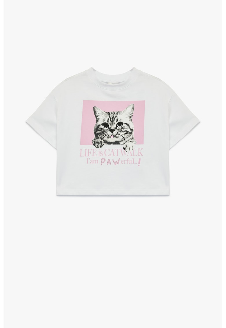 Tricou de bumbac cu imprimeu pisica - Gri deschis/Roz deschis