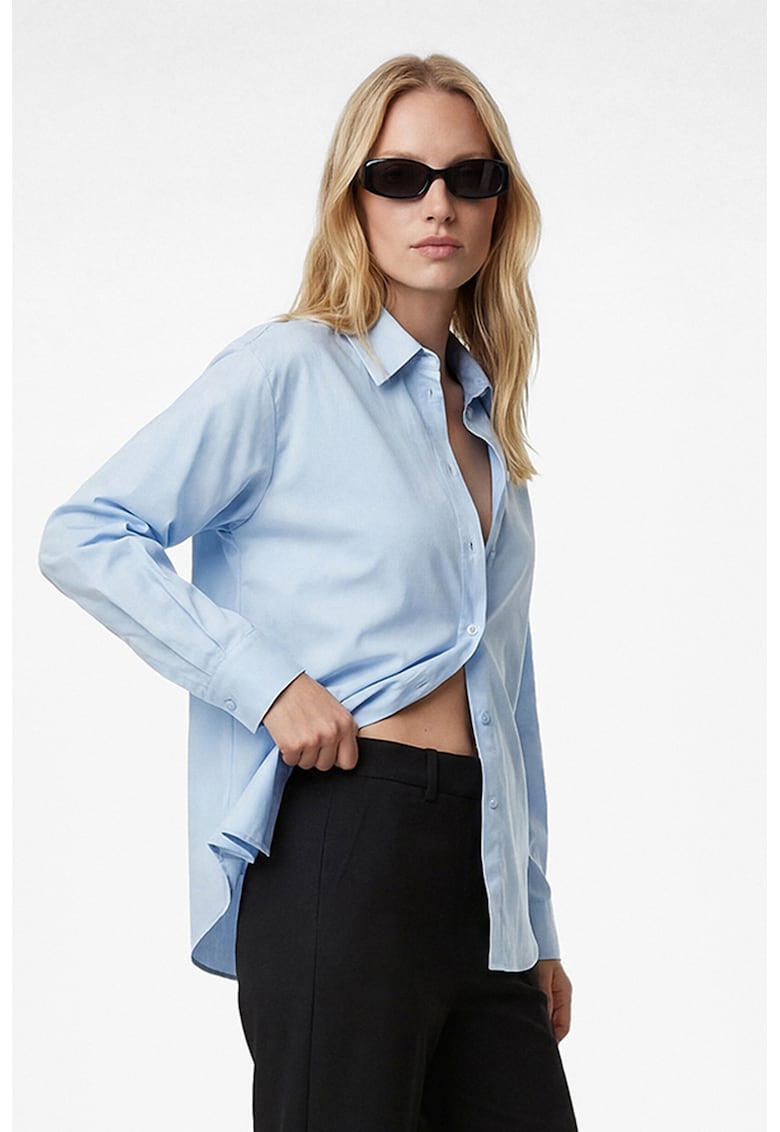 Camasa din amestec de bumbac cu maneci cazute - Albastru glaciar