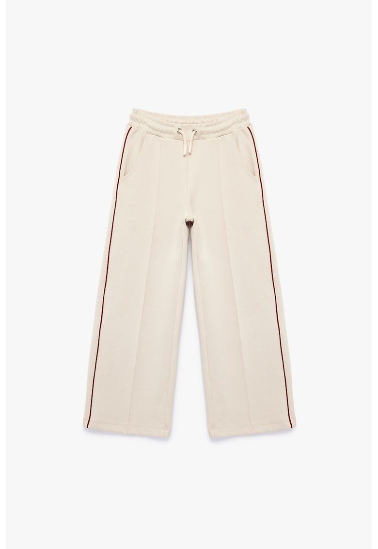 Pantaloni din amestec de bumbac cu croiala ampla si snur - Crem