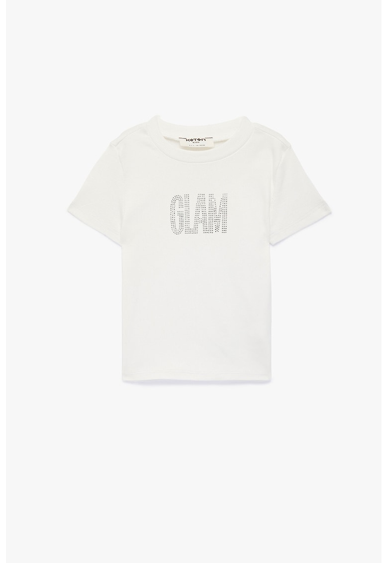 Tricou striat cu text cu strasuri - Alb murdar
