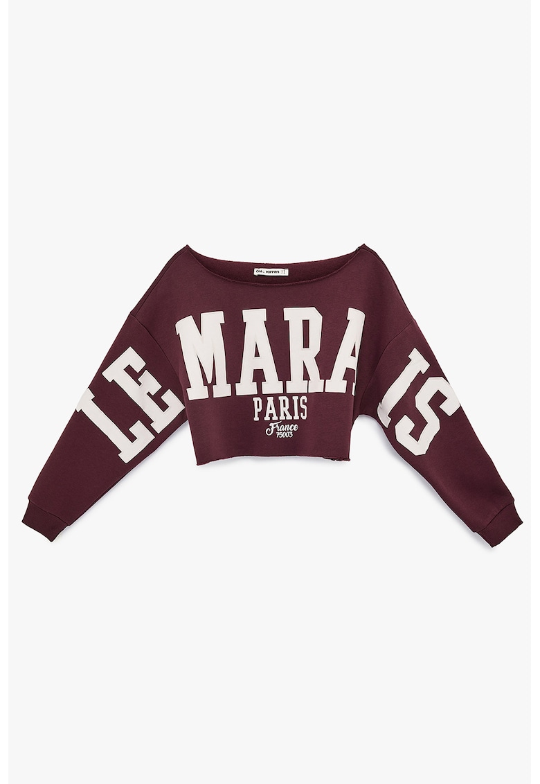 Bluza crop de trening cu imprimeu text - Rosu inchis