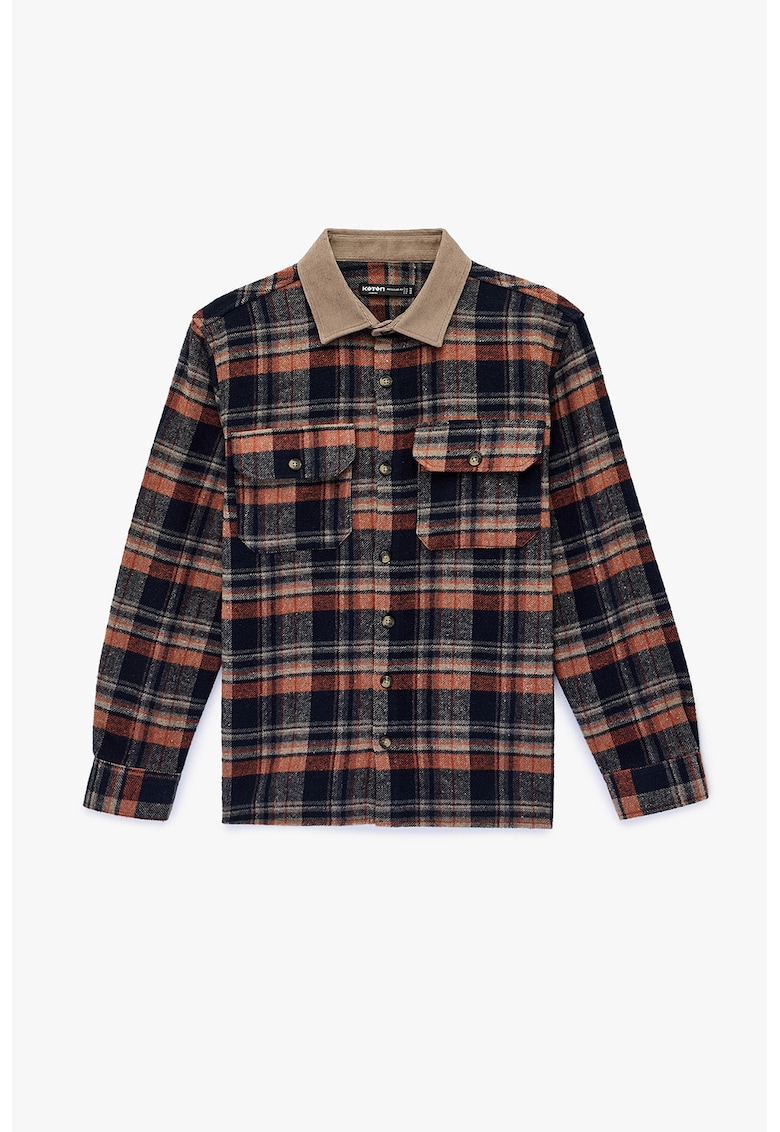 Camasa cu guler contrastant - buzunare cu clapa pe piept si carouri - Rosu/Bej/Bleumarin