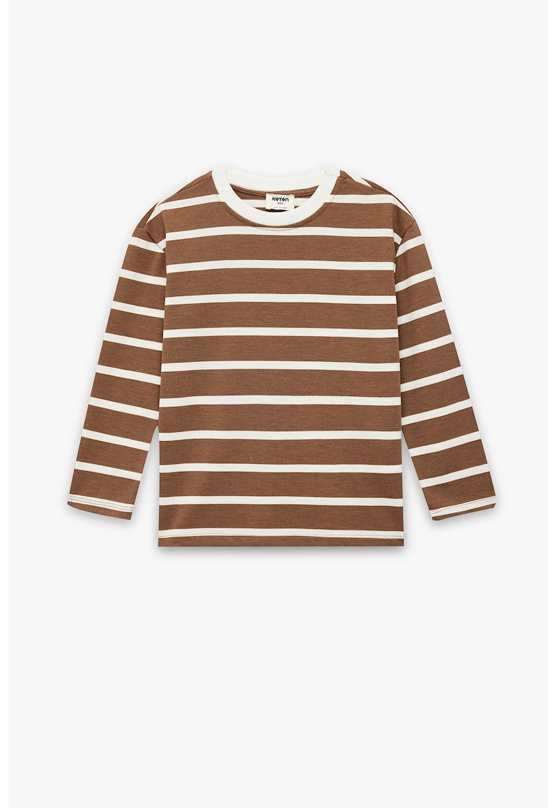 Bluza cu decolteu la baza gatului si dungi - Alb/Caramel