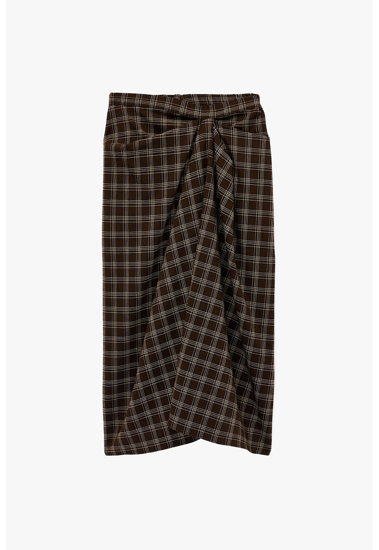 Fusta asimetrica cu detaliu nod - Maro inchis/Alb murdar