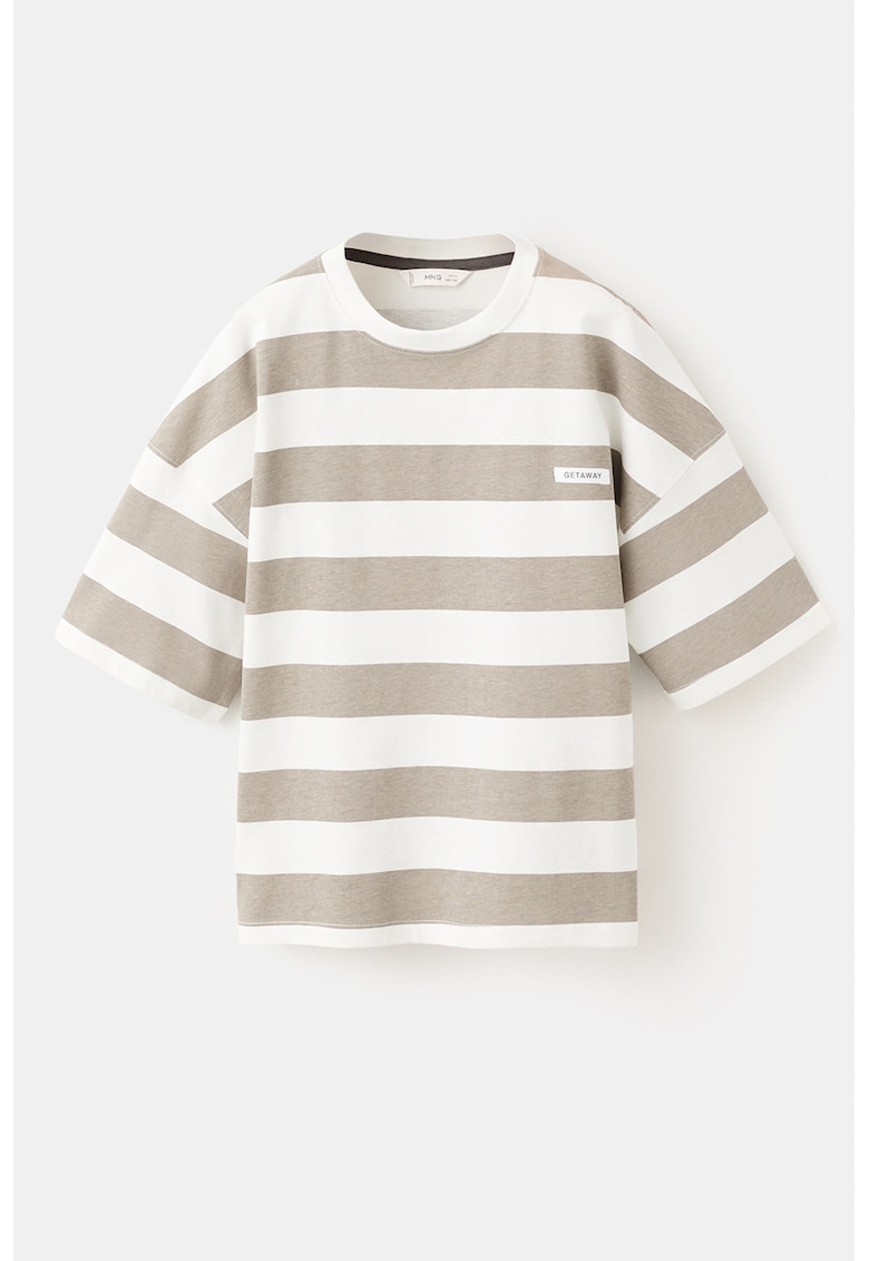 Tricou cu model in dungi si maneci cazute - Alb/Maro taupe