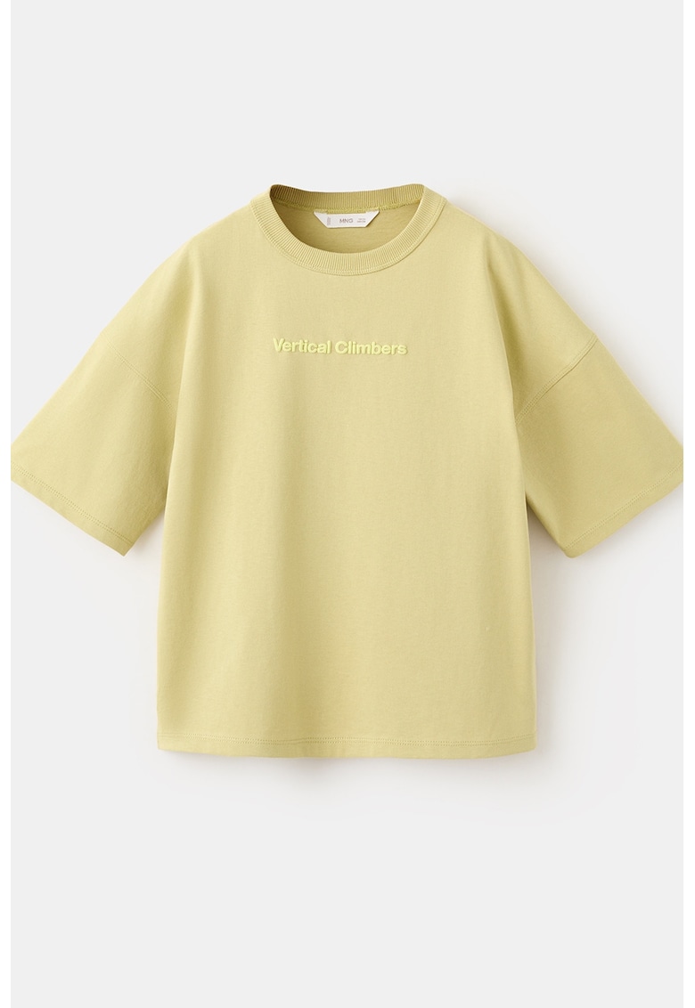 Tricou cu decolteu la baza gatului si imprimeu text - Galben sofran