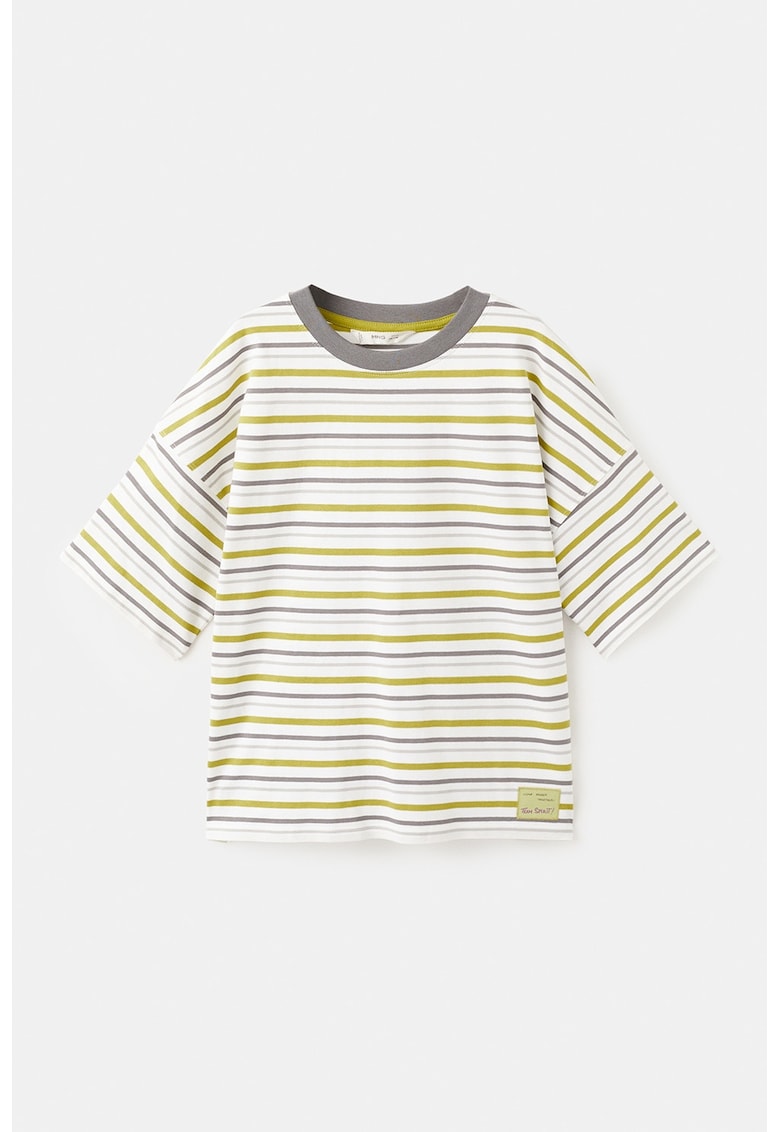 Tricou cu model in dungi si maneci cazute - Alb/Verde lime/Gri inchis