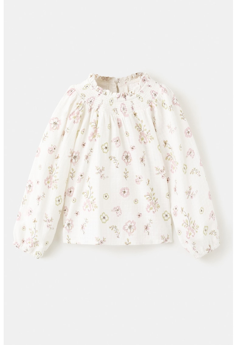 Bluza cu model floral si detaliu cu insertie elastica - Alb/Roz